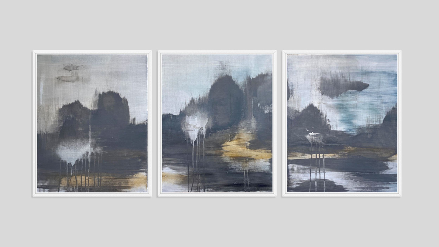 Original painting by Shany Porras. Three canvas panels, each 24 x 20 inches. Imaginary landscape with aqua, blue, grey, and gold acrylic paint.