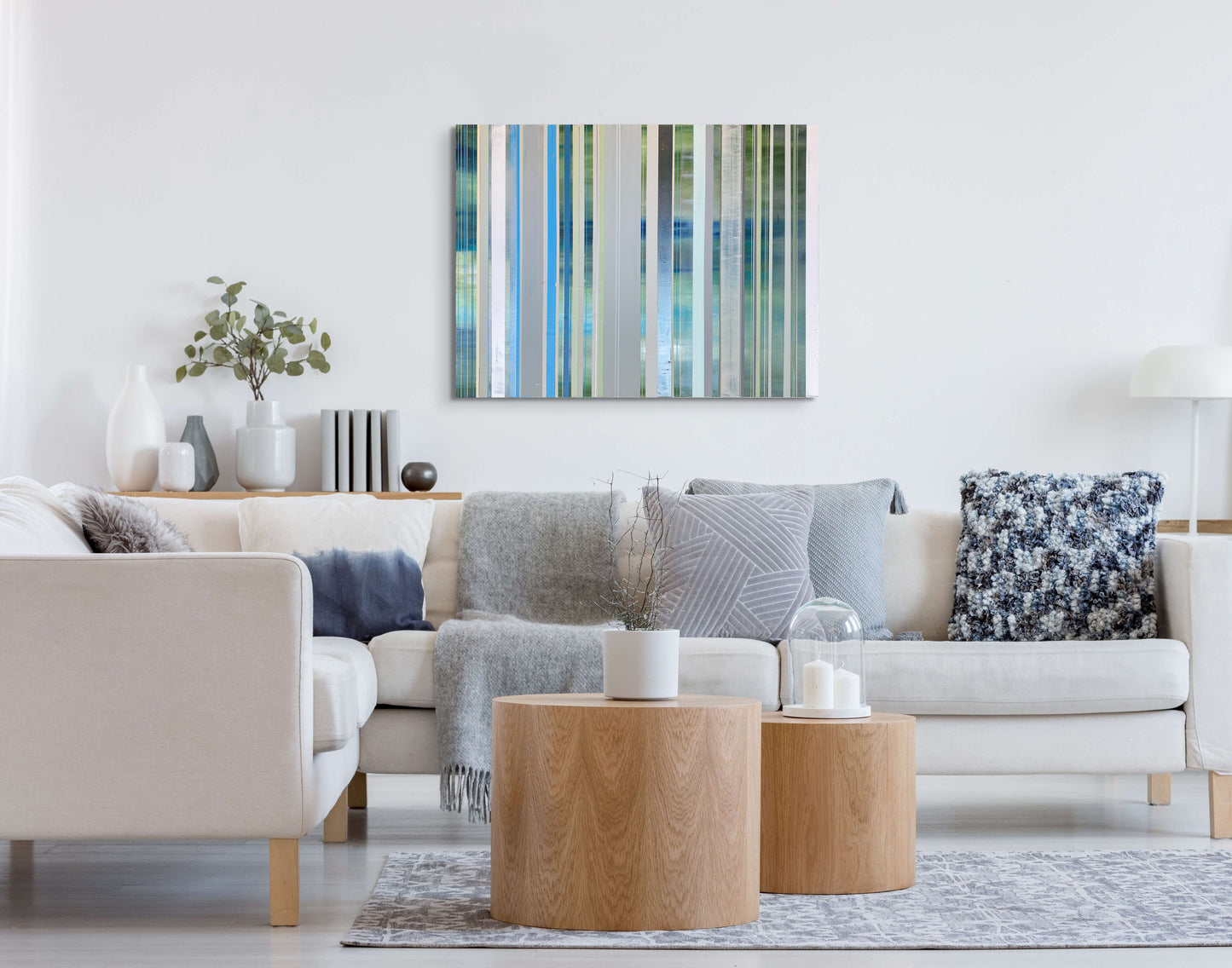 Appalachian Spring No. 5 - Blue Striped Painting with Landscape Background - Acrylic on Canvas