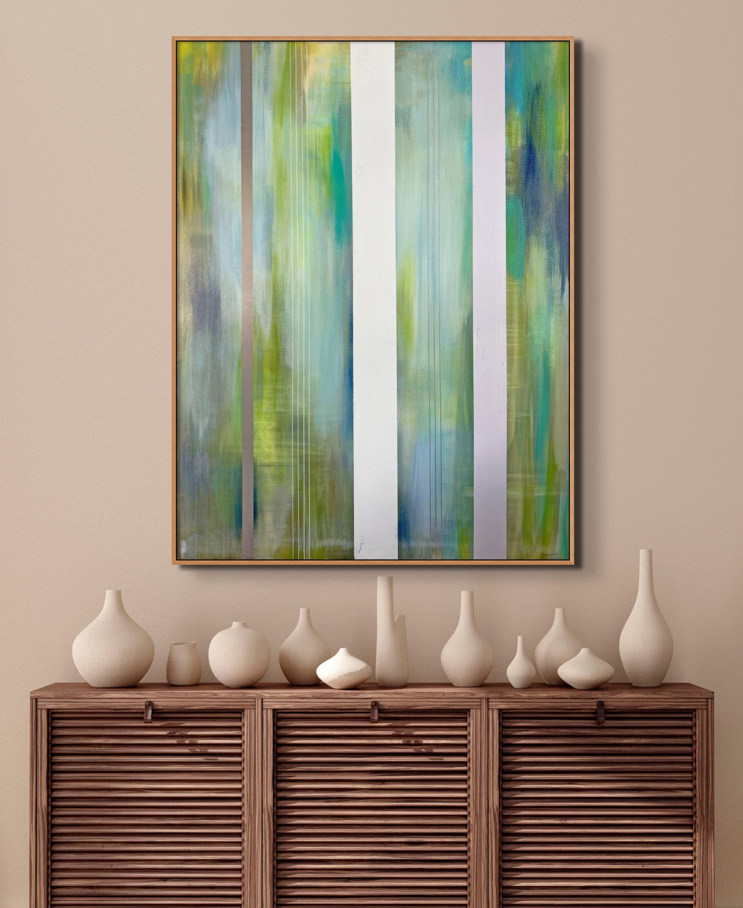 Appalachian Spring No. 3 - Blue Green Striped Painting with Hazy Background - Acrylic on Canvas