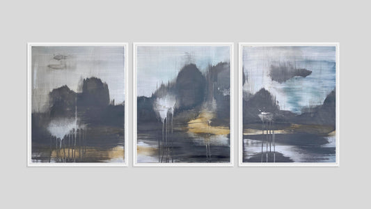 Original painting by Shany Porras. Three canvas panels, each 24 x 20 inches. Imaginary landscape with aqua, blue, grey, and gold acrylic paint.