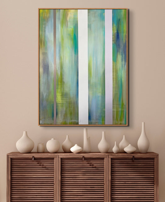 Appalachian Spring No. 3 - Blue Green Striped Painting with Hazy Background - Acrylic on Canvas