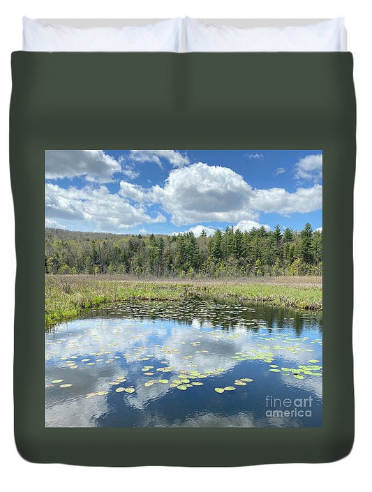 Berkshires Lily Pads Pond River Reflections- Signs of Spring - Duvet Cover